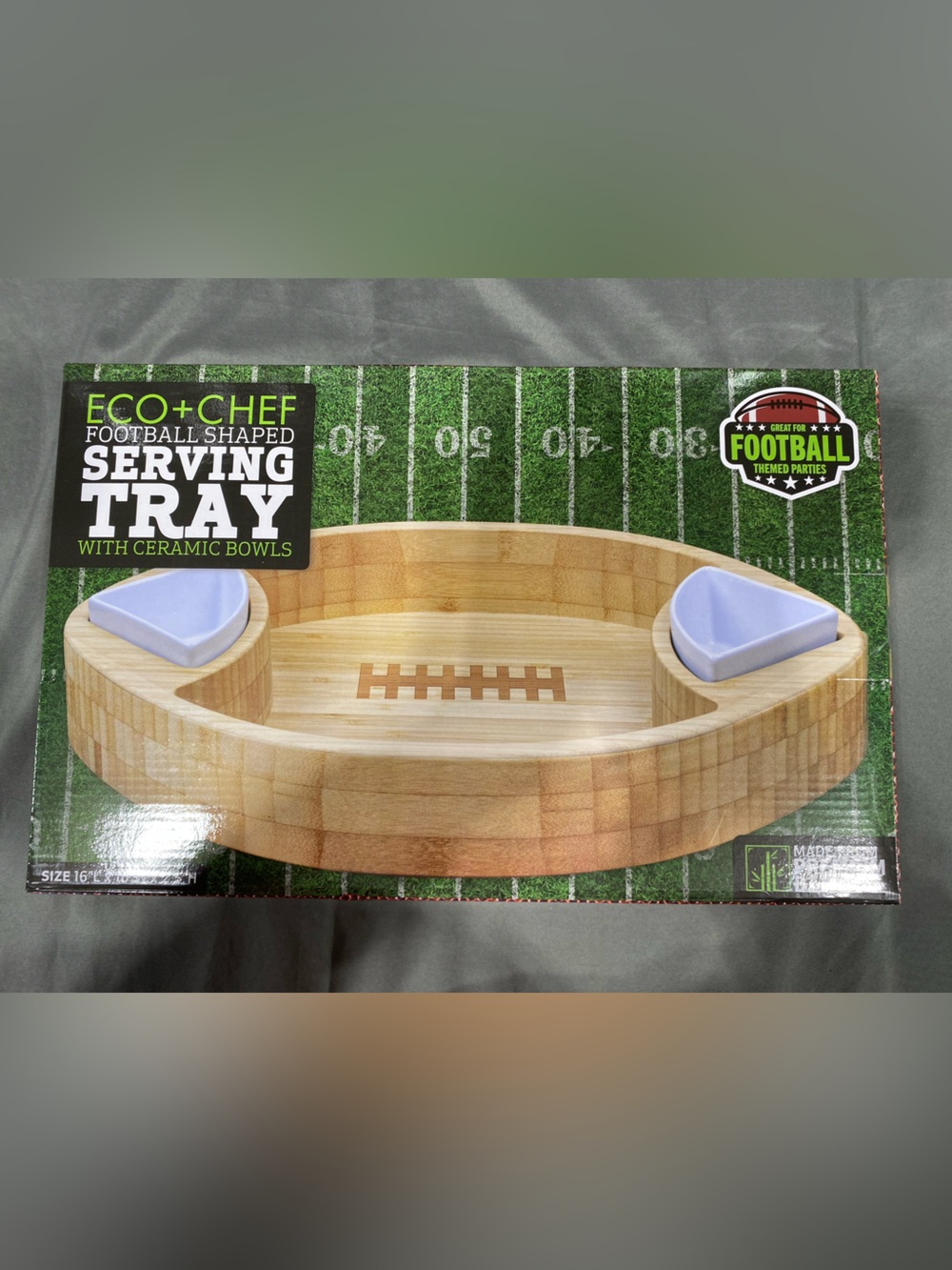 Football-Shaped Serving Tray with Ceramic Bowls